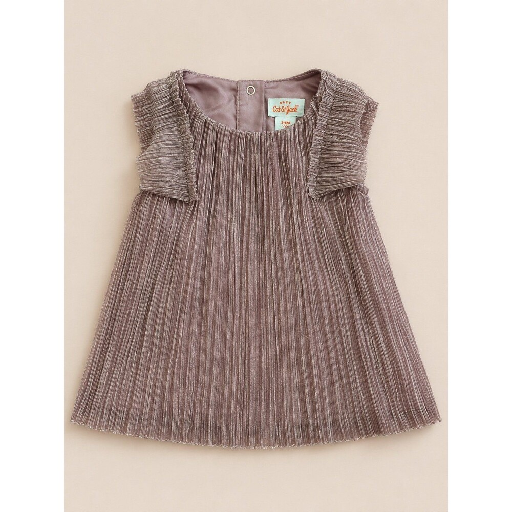 Cat & Jack Baby Girl Metallic Pleated Dress Mauve Pink Ruffle Sleeve 3-6M
